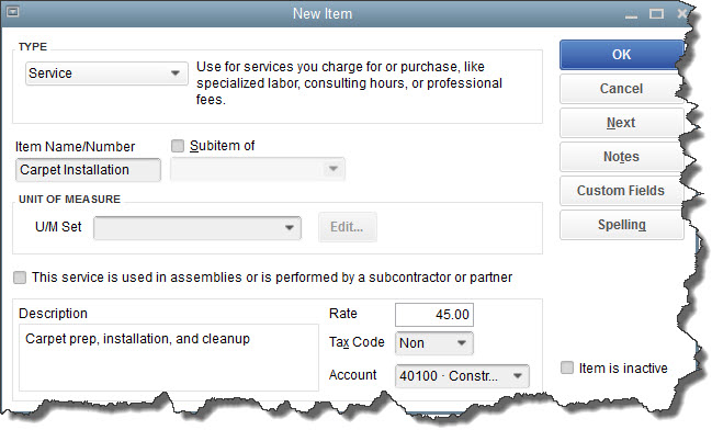 QuickBooks New Item window