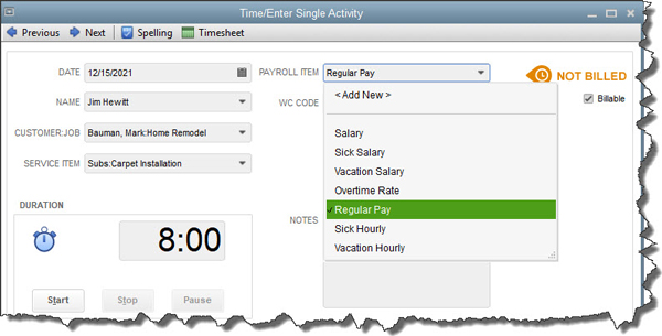 QuickBooks single-activity work ticket for employee hours