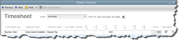 Weekly timesheet in QuickBooks