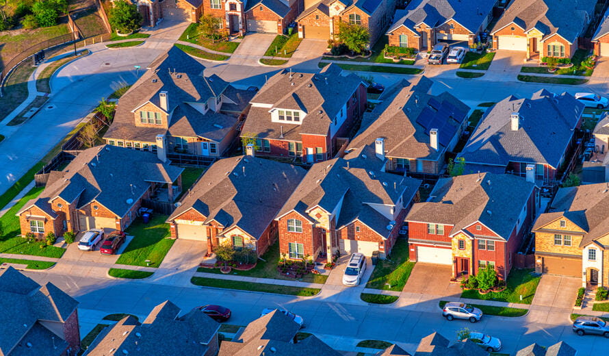 A suburban housing subdivision located in Garland, Texas about 15 miles northeast of downtown Dallas shot via helicopter from an altitude of about 600 feet.